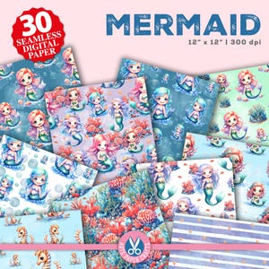 Papeles digitales de sirena - Fondo de sirena adorable - Patrón sin costuras de sirena encantador - Papel para álbum de recortes de sirena - Uso comercial