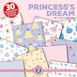 Papel digital sem costura dos sonhos da princesa - Fundo padrão da princesa - Scrapbooking da princesa - Papel para festa da princesa - Download instantâneo