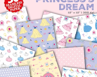 Puede incluir: Un conjunto de 30 papeles digitales con patrones de temática de princesas. Los patrones incluyen calabazas, coronas, carruajes, pájaros y vestidos en tonos de rosa, azul, amarillo y blanco. Los papeles miden 30,5 cm por 30,5 cm y 300 dpi.
