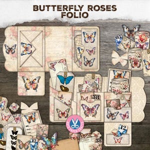 Vintage, Butterfly, Roses, Junk Journal, Folio, Neutral, Loaded Tags, Folder, Ephemera, Craft Kit, Digital Download, Printable, Pink, Pocket