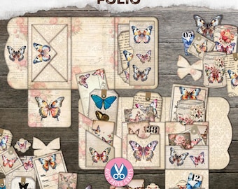 Vintage, Fjäril, Rosor, Skräpjournal, Folio, Neutral, Laddade etiketter, Mapp, Ephemera, Hantverkskit, Digital nedladdning, Utskrivbar, Rosa, Fickformat