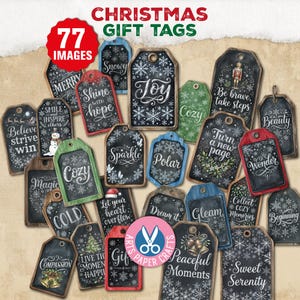 May include: A collection of 77 Christmas gift tags featuring chalkboard-style designs with white text and snowflake patterns. The tags are rectangular with rounded corners, some framed in red, green, or blue, displaying holiday phrases.
