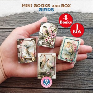 Könnte beinhalten: Vier Miniaturbücher mit Vogelillustrationen und eine Aufbewahrungsbox. Die Einbände zeigen verschiedene Vögel, darunter einen Kolibri, einen Storch und Singvögel inmitten floraler Akzente. Der Text "BIRDS" erscheint auf den Einbänden, und das Set enthält 4 Bücher und 1 Box, wie durch die roten runden Etiketten angegeben.