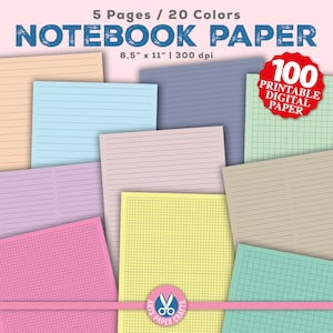 100 hojas de cuaderno - 5 hojas diferentes de 20 colores cada una - Papeles digitales - Papel cuadriculado rayado para cuaderno - Papel para cuaderno - Cuadros rayados neutros