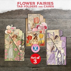 Carpetas con pestañas, Hadas de las flores, Diario basura, Carpeta, Tarjeta de biblioteca, Efímera vintage, Inserto de tulipán con rosas de lavanda, Kit digital, Imprimible