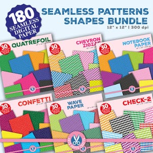 May include: A bundle of 180 digital papers with various geometric patterns, including quatrefoil, chevron zigzag, notebook paper, confetti, wave paper, and check. Each paper is 12 inches by 12 inches and 300 dpi.