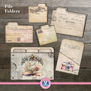 May include: A collection of vintage-style file folders featuring aged paper textures, cursive handwriting, printed business documents, and decorative illustrations including an open book with floral accents and a classic camera with pink flowers.