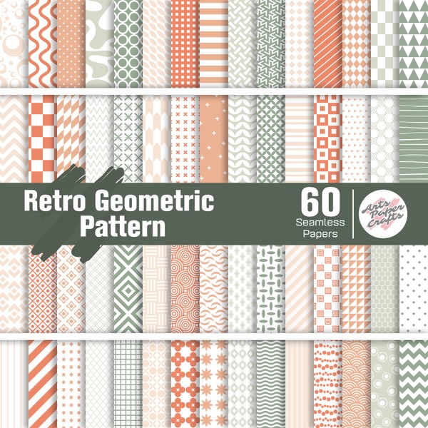 Retro Geometric Seamless Digital Papers Set - 60 Piece Retro Background - Retro Seamless Pattern - Instant Download - Retro Scrapbook Paper