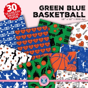 Papiers numériques de basket-ball - fond de basket-ball - modèle sans couture vert et bleu de basket-ball - téléchargement immédiat - papier de scrapbooking de basket-ball