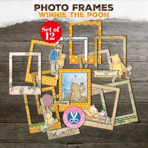 May include: A set of 12 Winnie the Pooh photo frames in various shapes and sizes. The frames feature illustrations of Winnie the Pooh and friends, with text that reads "Photo Frames" and "Winnie the Pooh". Some frames have a yellow and white star pattern.