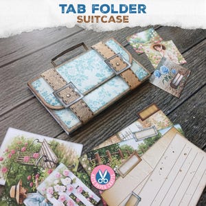 Carpeta con solapas para maleta, etiquetas de bolsillo, estilo shabby chic, diario basura, efímera, vintage, kit digital, azul neutro, inserto, imprimible, descarga