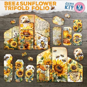 Vintage Bienen Junk Journal Folio, Shabby Chic Junk Journal, Printables Folio, Papiermodelle, gefüllte Ordner, DIY Folio - Sunflowers Junk Journal
