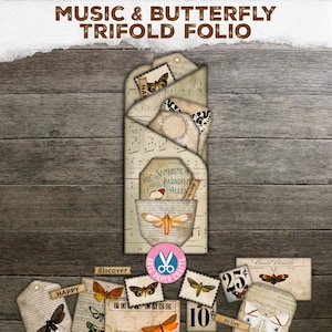 Junk Journal, Folding Folio, Vintage, Ephemera, Trifold Folio, Loaded Folder, Printable, Craft Kit, Digital Download, Music, Butterfly