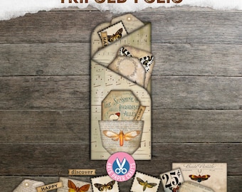Junk Journal, Folding Folio, Vintage, Ephemera, Trifold Folio, Loaded Folder, Printable, Craft Kit, Digital Download, Music, Butterfly