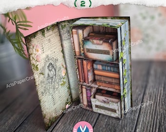 Bokhylla, Ask, Bokhylla, Skräppostkit, Rosor, Miniatyr, Hemligt Skåp, Utskrivbart Hantverkskit, Digital Nedladdning, Mini Boklåda, Gåva
