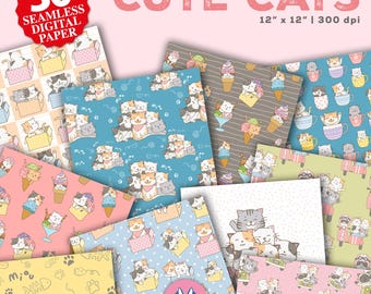 Cute Cats Digital Paper Sets, Cute Theme Party, Cats Background, Seamless Pattern, Instant Download,