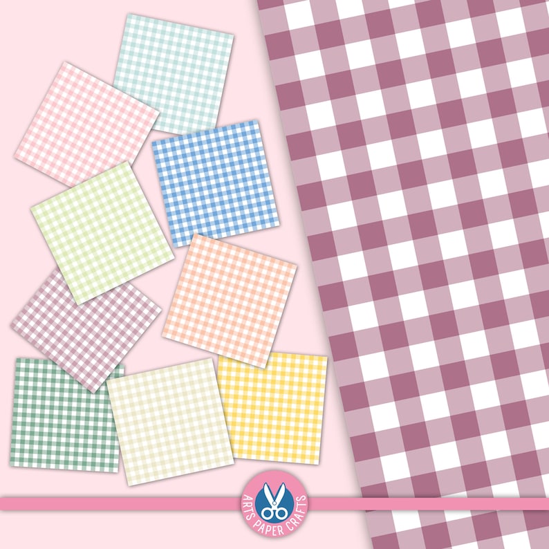 May include: A collection of 10 digital paper patterns featuring various gingham designs in pastel colours, including light blue, pink, yellow, green, and peach. The patterns are arranged on a pink background with a larger gingham pattern in shades of purple and white.
