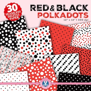 Rot & Schwarz Punkte Digitale Papiere - Polka Dot Hintergrund - Polka Dot Nahtloses Muster - Instant Download - Rot und Schwarz Scrapbook Papier