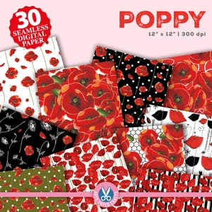 Conjuntos de papel digital Poppy Seamless - Festa temática Poppy - Kit de diário Floral Junk - Scrapbooking Poppy - Download instantâneo - Padrão sem emenda