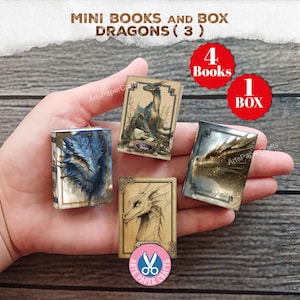May include: Three miniature books featuring dragon illustrations on their covers. One book displays a blue dragon head, another shows a full-body dragon, and the third depicts a golden dragon profile with the text Breath of Fire. The set includes four books.