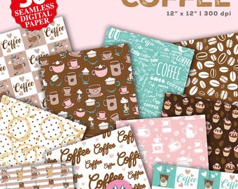 Coffee Seamless Digital Paper, Coffee Background, Coffee Scrapbook Papers, Coffee Pink Party Paper, Instant Download, Coffee & Script Papers