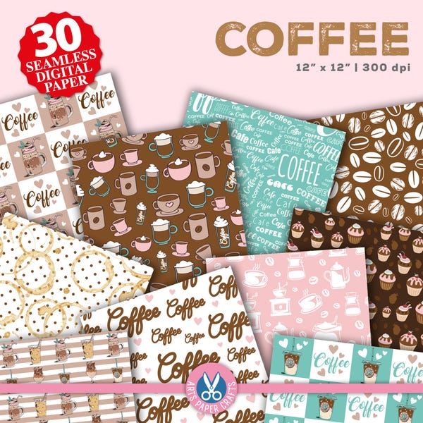 Coffee Seamless Digital Paper, Coffee Background, Coffee Scrapbook Papers, Coffee Pink Party Paper, Instant Download, Coffee & Script Papers