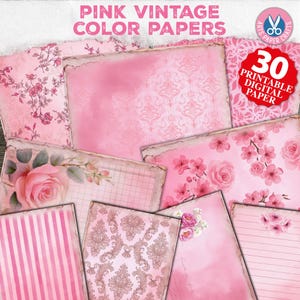 Peut inclure: Une collection de papiers roses vintage avec des motifs floraux, rayés et damassés. Les papiers ont un aspect vieilli et usé. L'image comprend le texte "Pink Vintage Color Papers" et "30 Printable Digital Paper".