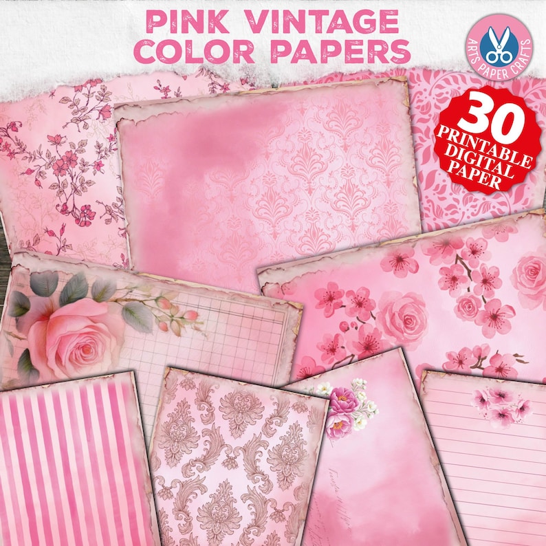 Pink Paper Patterns Vintage Pink Paper Printable Set, Floral, Pink Vintage Color Papers ...