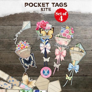 Pocket Tags, Loaded Tags, Fussy Cuts, Kite Junk Journal Kit, Layered, Printable Ephemera, Download, Collage Sheet, Paper, Vintage, Scrapbook
