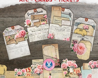 Pocket Tags, Flowers, Rose Junk Journal Kit, Printable, Ephemera, Collage Sheet, Paper, Insert, Vintage, ATC Cards Ticket, Digital Download