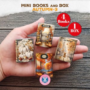 May include: Four miniature books with autumn-themed covers featuring pumpkins, a garden gate, a forest path, and a rainy street scene. The books are displayed together, showcasing detailed illustrations in warm orange, brown, and white tones.