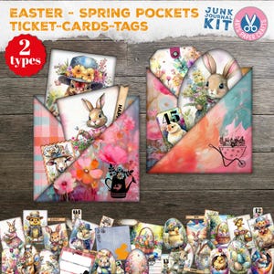 Coelhos de Páscoa de primavera, Etiquetas carregadas, Kit de diário de lixo, Coelho, Cesta, Ideias, Presente, Cartão, Para impressão, Download digital, Cartão de bolso Ticket ATC