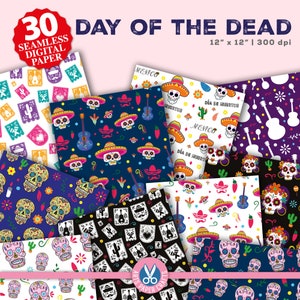 Papiers numériques dynamiques pour le jour des morts - Sugar Skull Party Magic - Papiers sans couture tête de mort - Parfait pour Halloween et les fêtes - Usage commercial