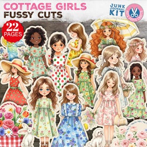 Cottage Girls, Junk Journal, Fussy Schnitte, Rosa, Grün, Blau, Kinder, Cricut, Planer, Frühling, Aufkleber, Printable, Frühling, Sommer Pingeliger Schnitt