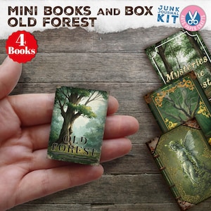 Oude bos miniboeken, miniatuur bosboek, illustratie donker bos, armoedig, natuur, junkjournaal, cadeau, digitale download, doos, boeken