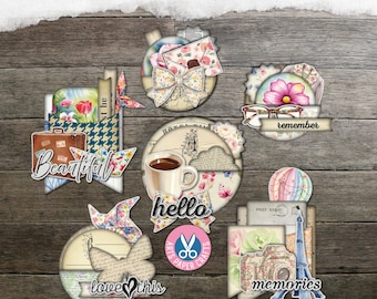 Junk Journal Pockets, Loaded Tags, Shabby Ephemera, Neutral Grungy, Paper, Craft Kit, Printable, Digital Download, Fussy Cuts, Coffee