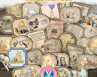 Winnie The Pooh, Labels, Junk Journal, Shabby, Embellishments, Children's, Digital Download, Illustrations, Printable, Sticker, Gift