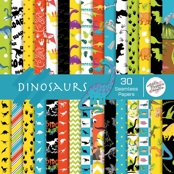 Dinosaurs Digital Paper Sets - Jurassic Theme Party - Orange Blue Black - Boy or Girl Background - Seamless Pattern - Instant Download