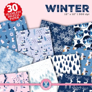 Papéis digitais Winter 30 - Papéis de scrapbook de inverno - Papel de parede de floco de neve - Árvores de Natal - Uso comercial - Padrão sem emendas de inverno