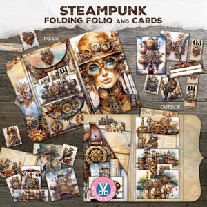 Steampunk Folding Folio Booklet, Digital Download, Steampunk Trifold, Printable Instant Download, Vintage Ephemera, Junk Journal, Craft Kit