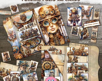 Steampunk Folding Folio Booklet, Digital Download, Steampunk Trifold, Printable Instant Download, Vintage Ephemera, Junk Journal, Craft Kit