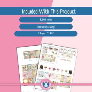 May include: A digital craft kit featuring two pages of printable paper elements, including floral designs, small pockets, and shop-themed graphics. The text states: Included With This Product, 8.5x11 inches, Resolution: 300dpi, 2 Pages / 1 PDF.