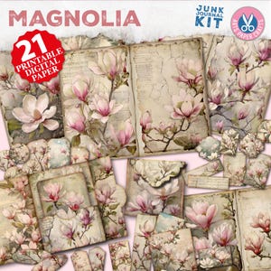 Kit de diário de lixo Magnolia, folhas de colagem, encarte floral vintage, itens efêmeros, suprimentos para álbuns de recortes, pasta digital, kit de diário de lixo para impressão