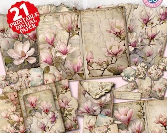 Magnolia Junk Journal Kit, Collage Sheets, Vintage Floral Insert, Ephemera, Scrapbooks Supplies, Digital Folder, Printable Junk Journal