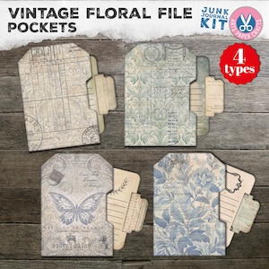 Carnet de bord, étiquettes de poche éphémères, Papillon, Bleu minable, Neutre, Grunge délavé, Fleurs florales, Étiquettes de poche, Cartes pour carnet de notes