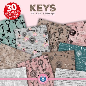 Sleutels naadloos digitaal papier - vintage sleutels patroon achtergrond - antieke sleutels scrapbooking - roestige metalen sleutels feestpapier - commercieel gebruik
