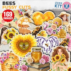 May include: A digital paper pack with 169 images featuring bees, sunflowers, honeycombs, lavender, and cupcakes. The images are perfect for scrapbooking, card making, and other craft projects.