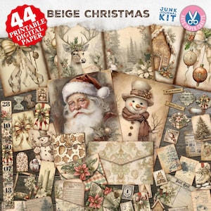 Beige Christmas Junk Journal Kit, Mixed Media Holiday Junk Journal Paper, Printable Christmas Ephemera Folio, Christmas Fussy Cuts, Stamps