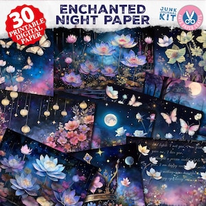 Enchanted Night Papers, Evening Junk Journal Pages, Magical, Forest, Moon, Stars, Flowers,  Printable, Digital Download, Digital Papers