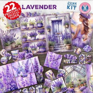 Kit di diario di lavanda, stampabile, viola, giardino, fiori, vintage, farfalle, effimere, busta, etichette, download digitale, cartella